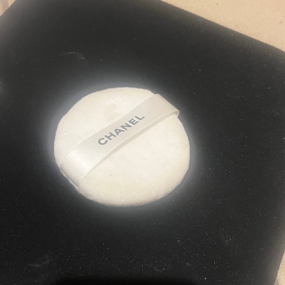 CHANEL White Plush Powder Puff with Branded Ribbon